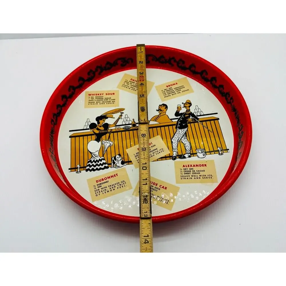 MCM Round Metal Cocktail Serving Tray - Cool Design - Classic Recipes